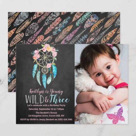 Young, Wild & Three Boho Photo Birthday Invitation Kaart (Voorkant / Achterkant)