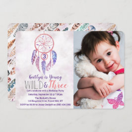 Young, Wild & Three Boho Photo Birthday Invitation Kaart