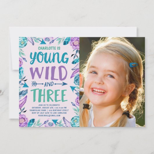 Young Wild & Three Boho Verjaardagsfeest Foto Kaart (Voorkant)