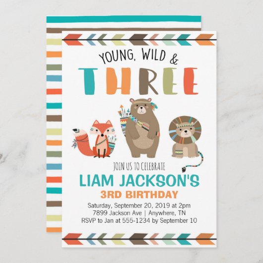 Young Wild Three Boys Third Birthday Invitation Kaart (Voorkant / Achterkant)