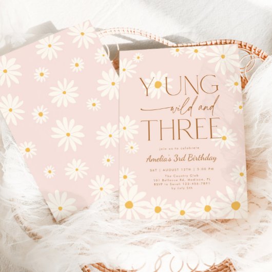 Young Wild Three Daisy Floral 3rd Birthday Kaart