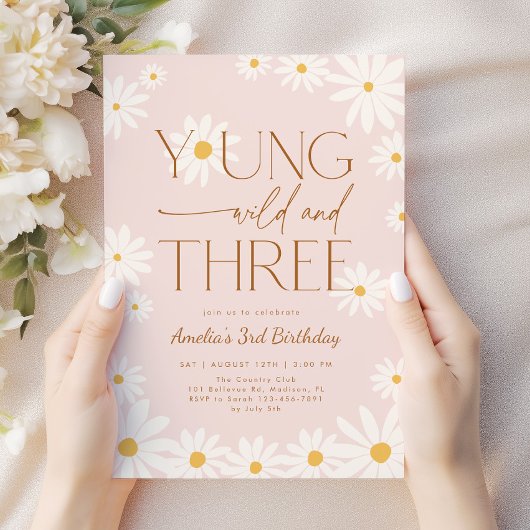 Young Wild Three Daisy Floral 3rd Birthday Kaart