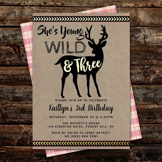 Young Wild & Three Deer Girls 3rd Birthday Real Folie Uitnodiging
