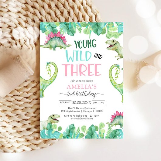 Young WIld & Three Dinosaur 3e verjaardag Kaart