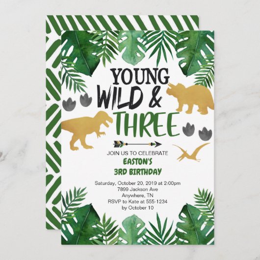 Young Wild & Three Dinosaur 3rd Birthday Invitatio Kaart (Voorkant / Achterkant)