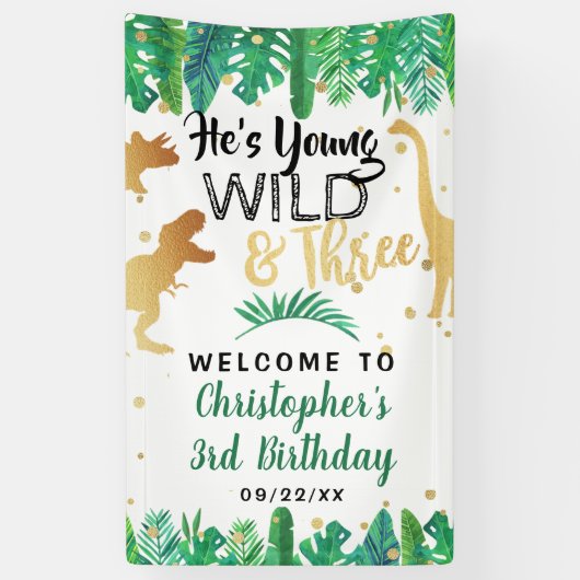 Young Wild & Three Dinosaur Boys 3rd Birthday Spandoek (Verticaal)