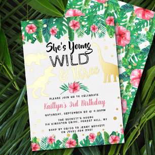 Young Wild & Three Dinosaur Girls 3e verjaardag Folie Uitnodiging