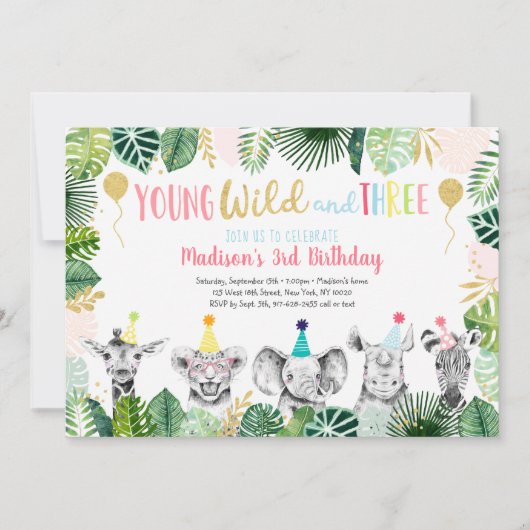 Young Wild & Three Girl Safari Uitnodiging voor Ve (Voorkant)