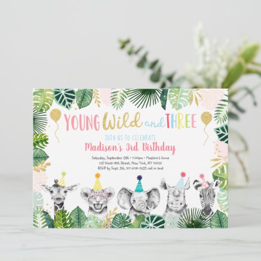 Young Wild & Three Girl Safari Uitnodiging voor Ve (Staand voorkant)