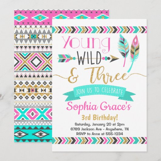 Young Wild & Three Girls Verjaardag Uitnodiging (Voorkant / Achterkant)