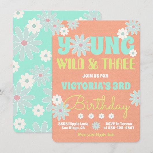 Young Wild & Three Hippie Birthday Party Invitatio Kaart (Voorkant / Achterkant)