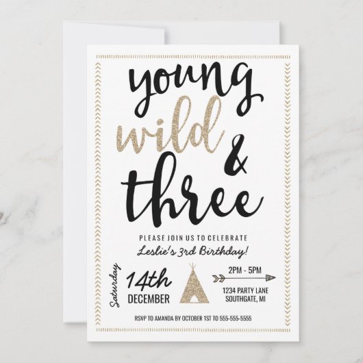Young Wild & Three Invitation - Black & Gold Kaart (Voorkant)
