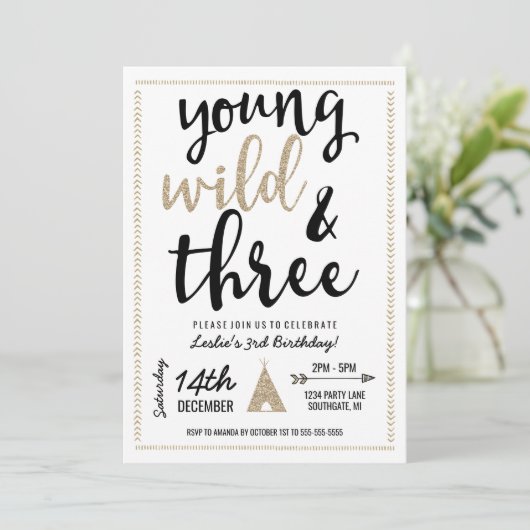 Young Wild & Three Invitation - Black & Gold Kaart (Staand voorkant)