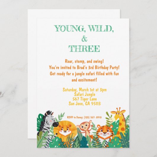 Young, Wild & Three Oerwoud Verjaardagsuitnodiging Kaart (Voorkant / Achterkant)