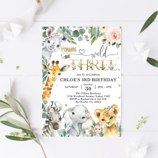 Young Wild & Three Party Animals Girl 3rd Birthday Kaart