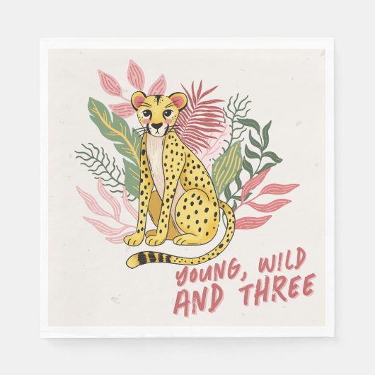 Young Wild Three Pink Cheetah Kids Birthday Party Servet (Voorkant)