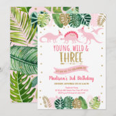 Young Wild & Three Pink Dinosaur Birthday Kaart (Voorkant / Achterkant)