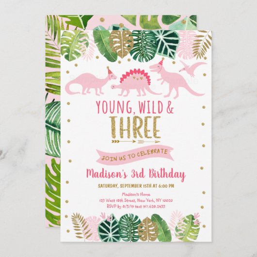 Young Wild & Three Pink Dinosaur Birthday Kaart (Voorkant / Achterkant)