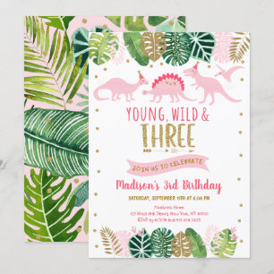 Young Wild & Three Pink Dinosaur Birthday Kaart