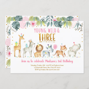Young Wild & Three Pink Safari Birthday Kaart