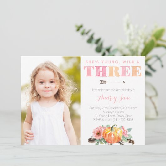 Young Wild & Three Pumpkin Girl 3rd Birthday Party Kaart (Staand voorkant)