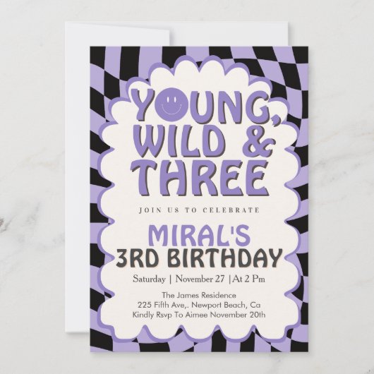 Young Wild & Three Purple Retro Girl 3rd Birthday Kaart (Voorkant)