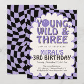 Young Wild & Three Purple Retro Girl 3rd Birthday Kaart (Voorkant / Achterkant)