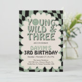 Young Wild & Three Retro 3rd Birthday Party Kaart (Staand voorkant)