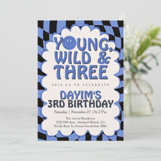 Young Wild & Three Retro Blue Boy 3rd Birthday Kaart (Staand voorkant)