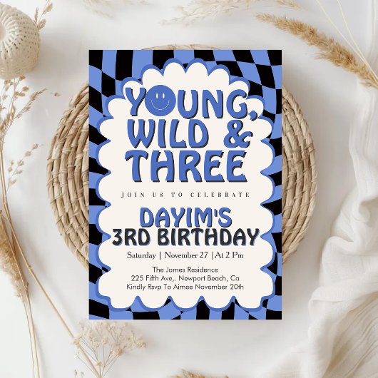 Young Wild & Three Retro Blue Boy 3rd Birthday Kaart