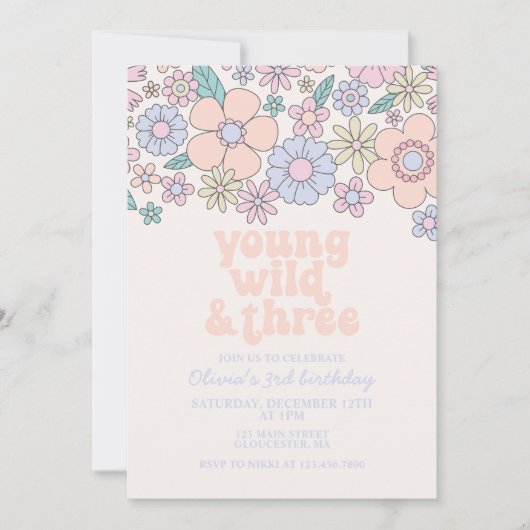 Young Wild Three Retro Floral 3e verjaardag Kaart (Voorkant)