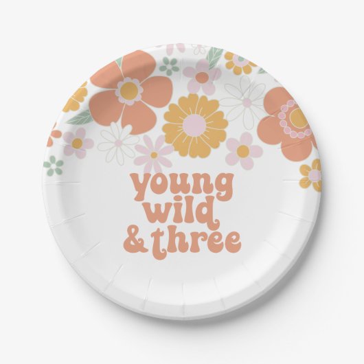 Young Wild Three Retro Floral jarig Papieren Bordje (Voorkant)