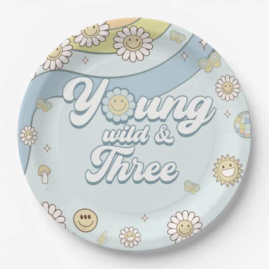 Young Wild Three Retro Rainbow 3rd Birthday Papieren Bordje (Voorkant)