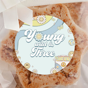 Young Wild Three Retro Rainbow 3rd Birthday Ronde Sticker