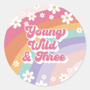 Young Wild Three Retro Rainbow 3rd Birthday Ronde Sticker