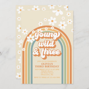 Young Wild Three Retro Rainbow Daisy Birthday Kaart
