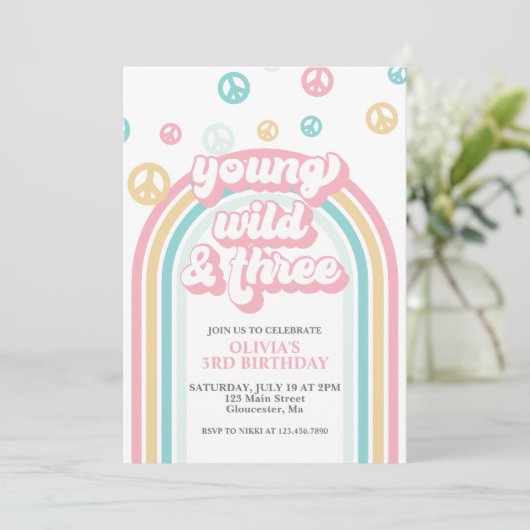 Young Wild Three Retro Summer Rainbow Uitnodiging (Staand voorkant)