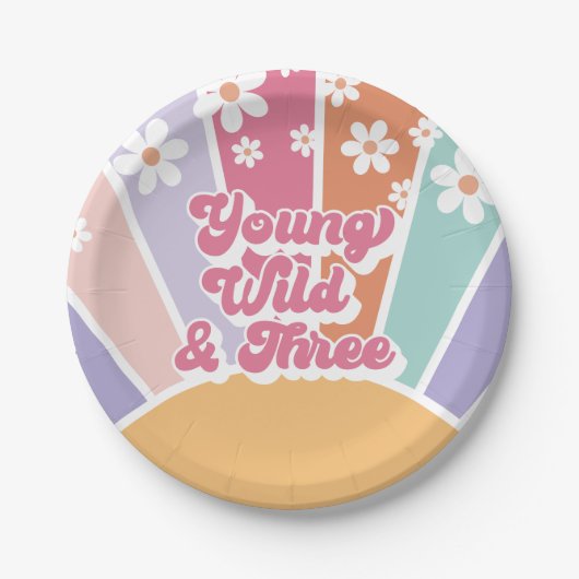 Young Wild Three Retro Sunshine Rainbow Daisy Papieren Bordje (Voorkant)