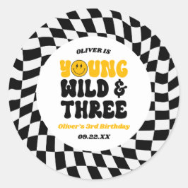 Young Wild & Three Retro Third 3rd Birthday Party Ronde Sticker