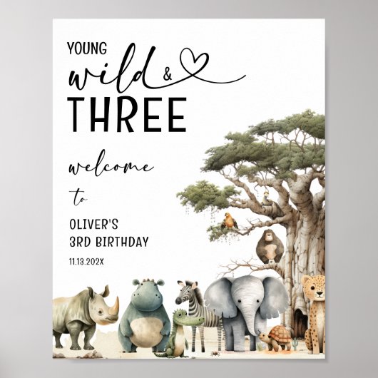 Young Wild Three Safari 3e verjaardag welkomstbord Poster (Voorkant)