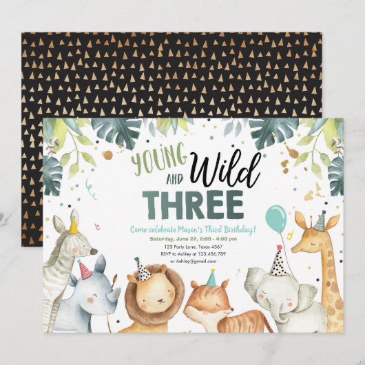 Young Wild Three Safari Animal Birthday Invitation Kaart (Voorkant / Achterkant)