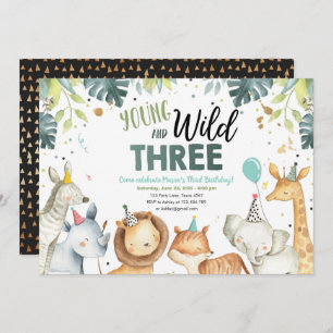 Young Wild Three Safari Animal Birthday Invitation Kaart