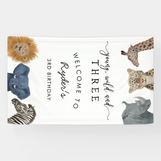 Young Wild Three Safari Boy Verjaardagsfeestje Spandoek (Horizontaal)