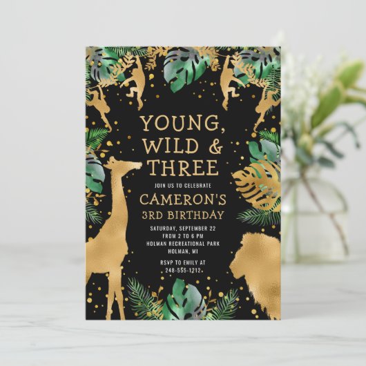 Young Wild Three Safari Green Black 3rd Birthday Kaart (Staand voorkant)