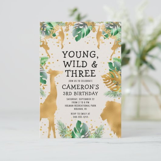 Young Wild Three Safari Green Ecru 3rd Birthday Kaart (Staand voorkant)