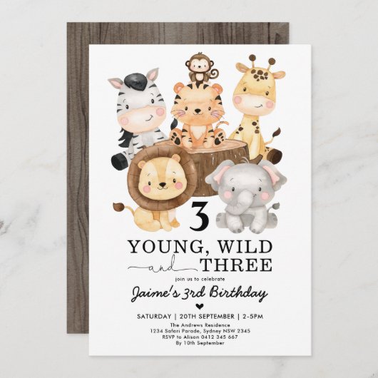 Young Wild & Three Safari Oerwoud 3rd Birthday Kaart (Voorkant / Achterkant)
