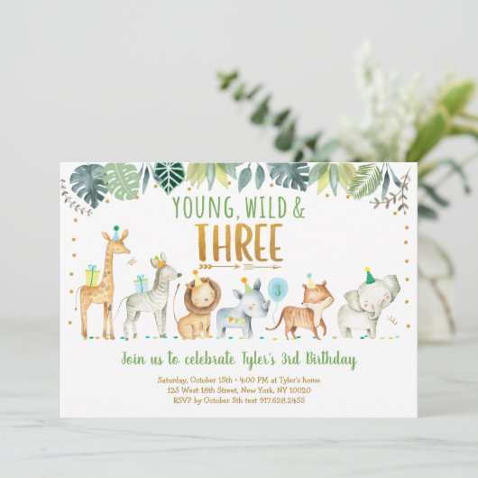 Young Wild & Three Safari Oerwoud Birthday Kaart (Staand voorkant)