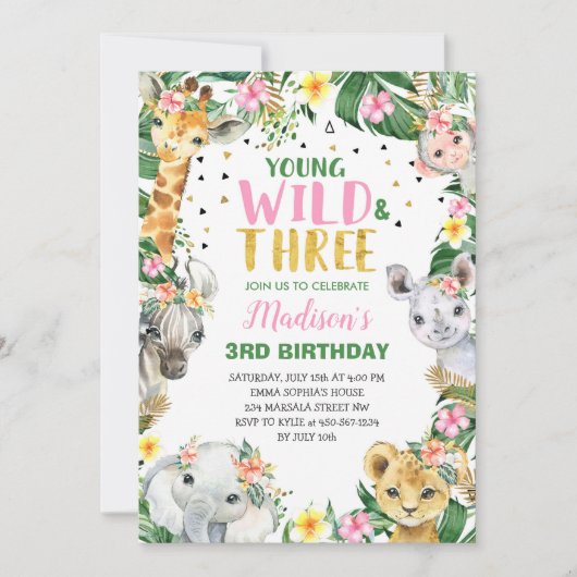Young Wild & Three Safari Oerwoud Invitation Party Kaart (Voorkant)