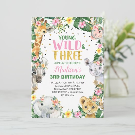 Young Wild & Three Safari Oerwoud Invitation Party Kaart (Staand voorkant)