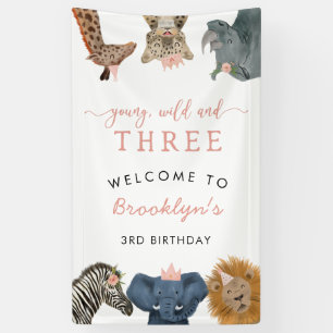 Young Wild Three Safari Theme Girl's 3e verjaardag Spandoek